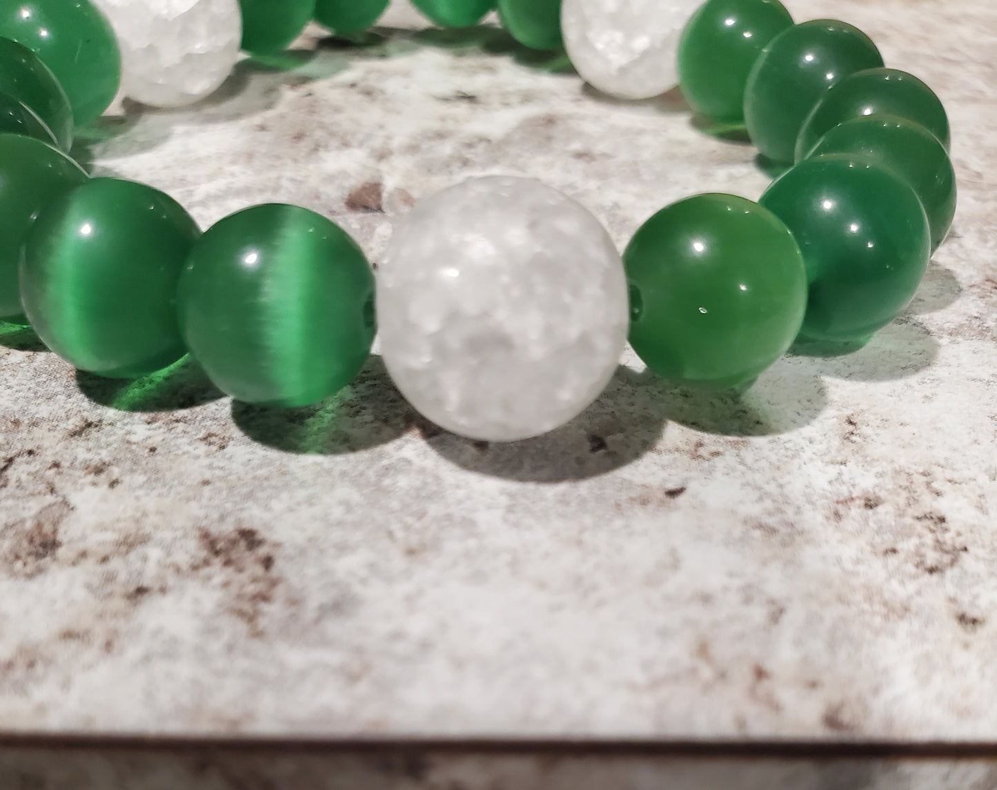 White quartz and green cat eye bead bracelet