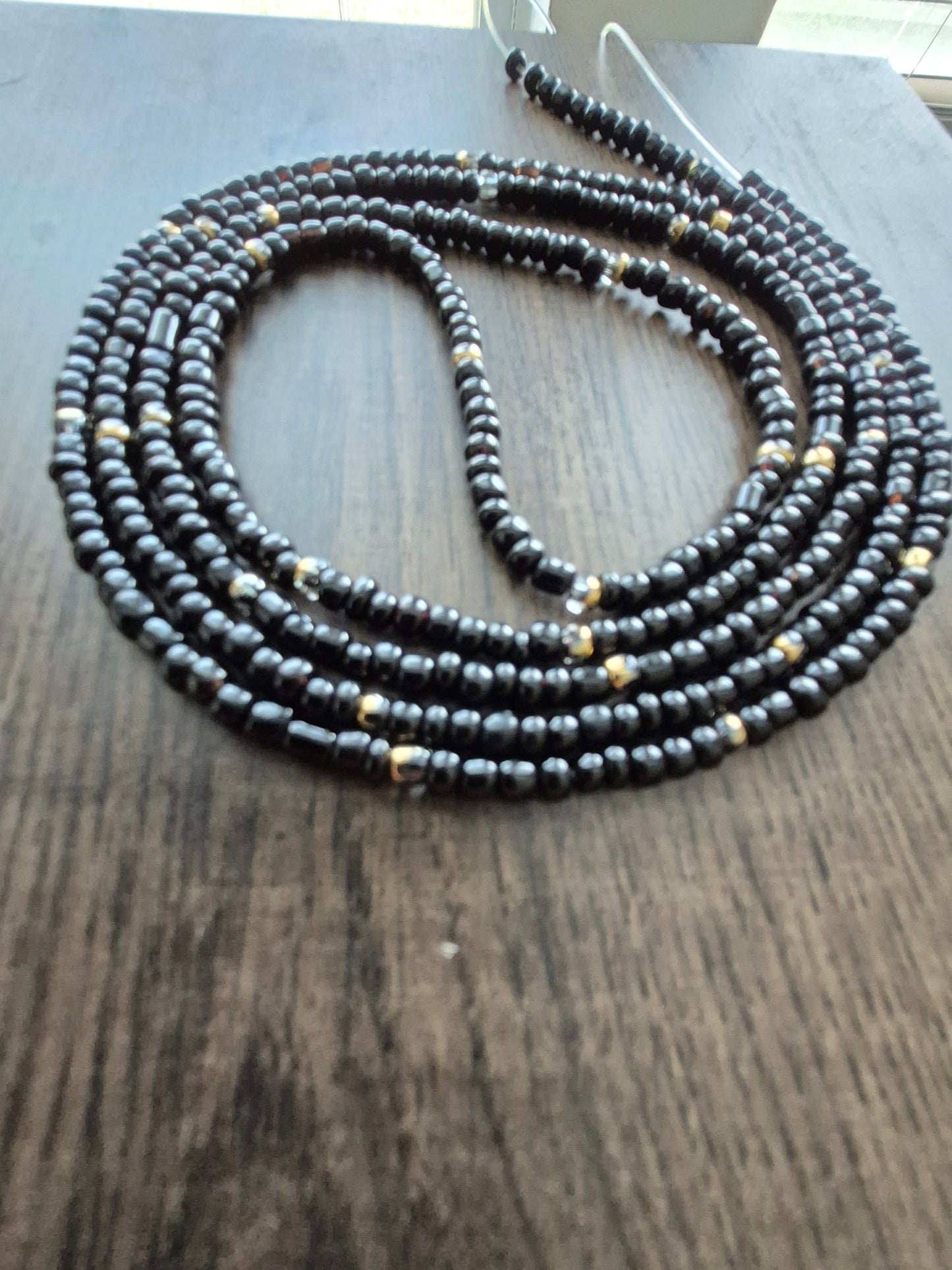 Handcrafted solid black with gold blend Tie Waistbead - Tie On Design