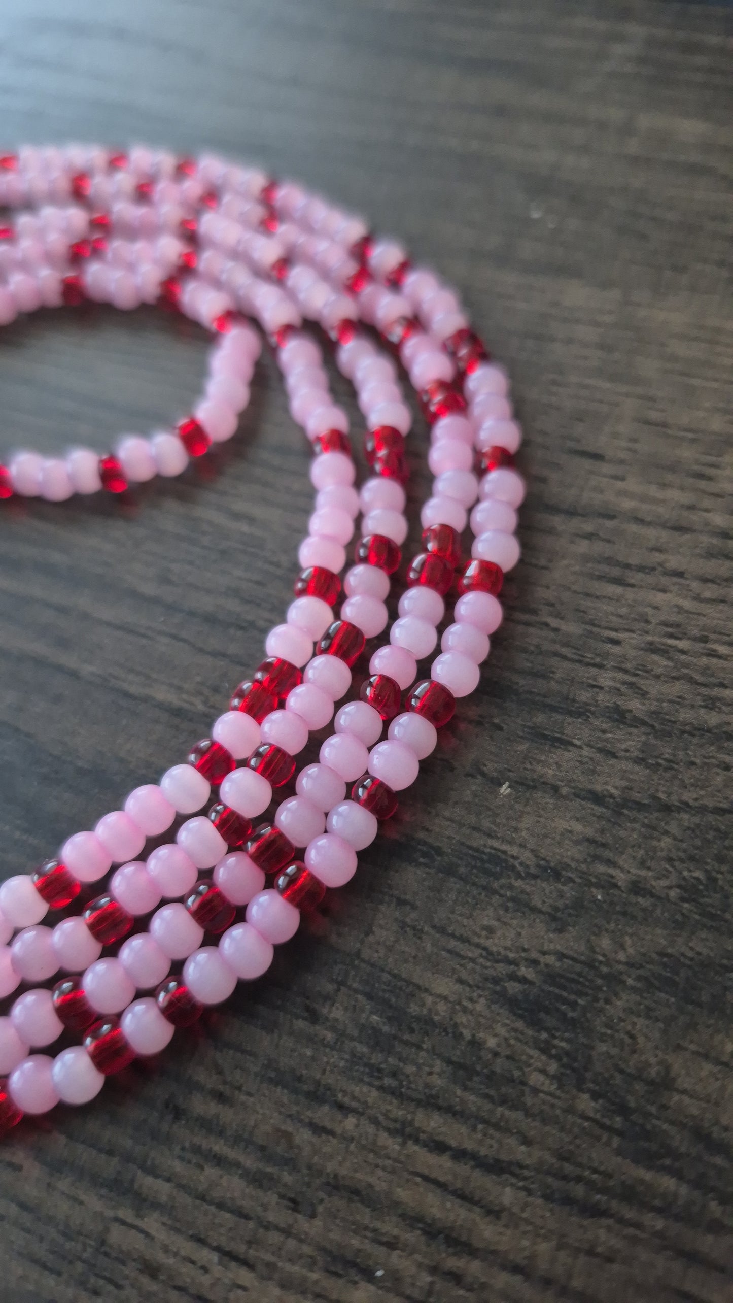 Handcrafted Pink and Red Tie Waistbead - Tie On Design