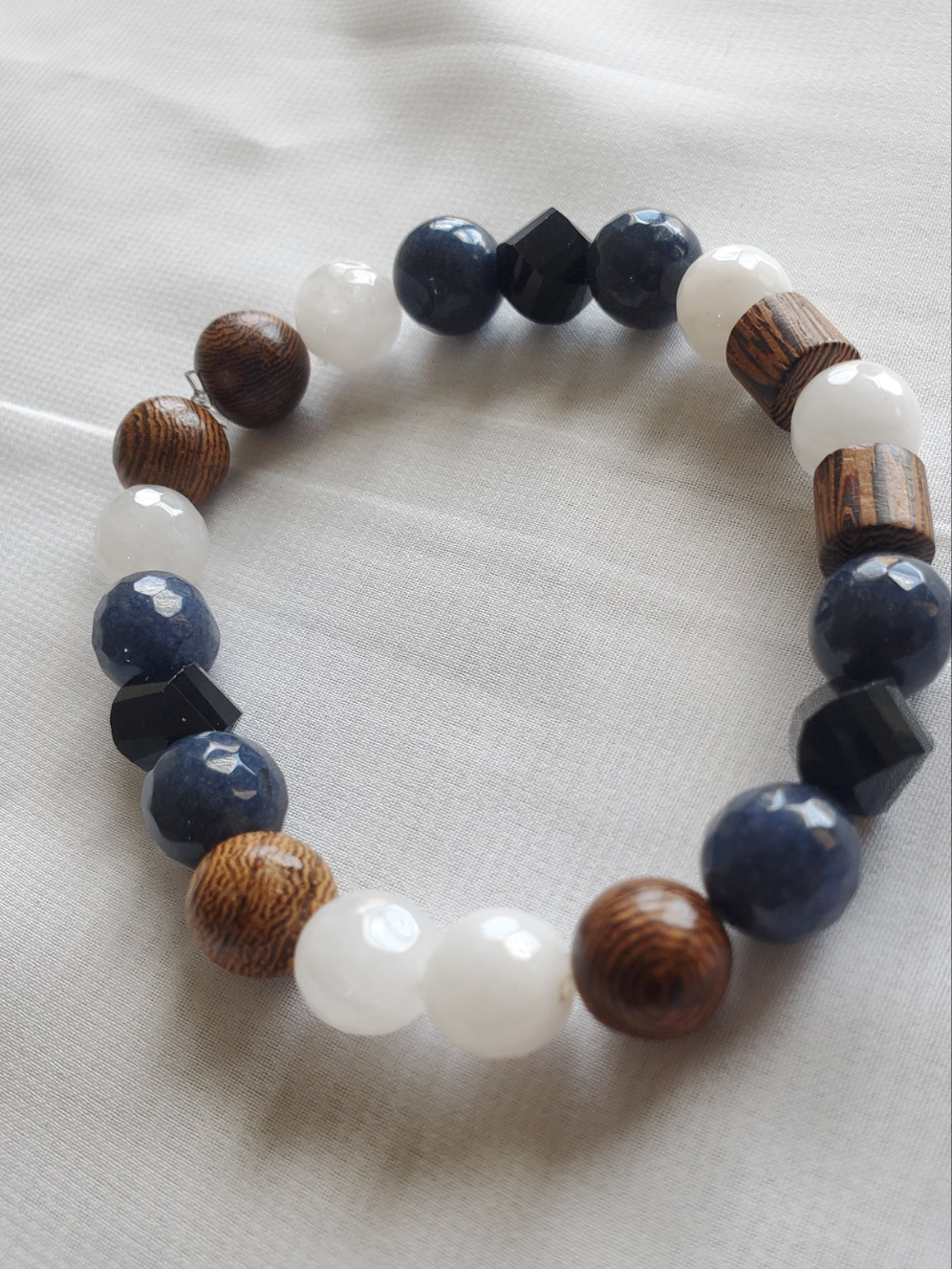 Multi-color Men's Beaded Bracelet with Brown Wood, Blue and Black Beads and White Quartz blue beads