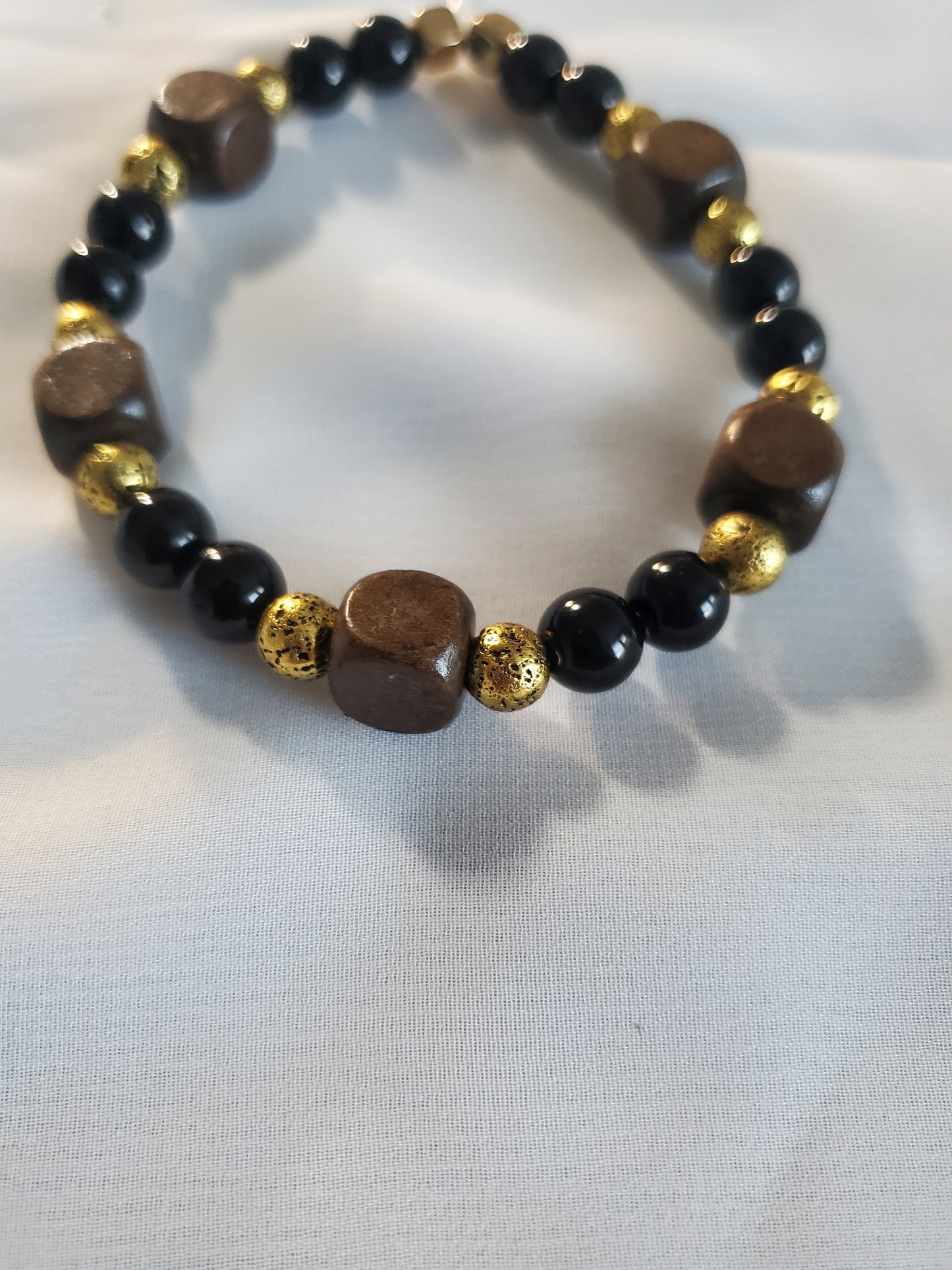 Men's Gold Lava and Black Agate Mixed Beaded Bracelet with Brown Beads