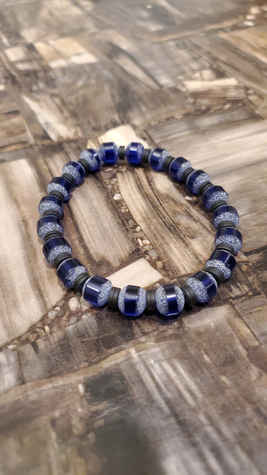 Blue Stripe Round Glass Bead with Black Spacers Bracelet for Men - Handmade Semi-Stretch