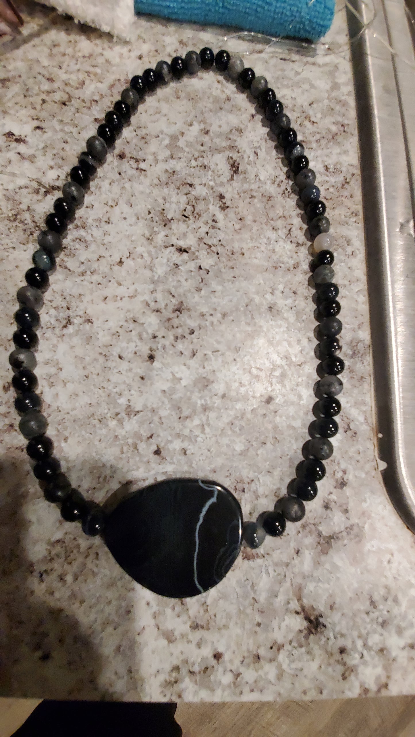 Mens Black Agate Symbolic Bead Necklace