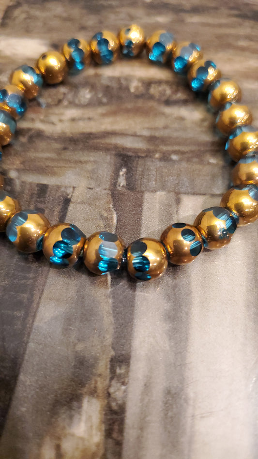 Gold Painted Teal Glass Beads for Women - Fashion Accessory colorful bracelets birthday gift blue fashion jewelry