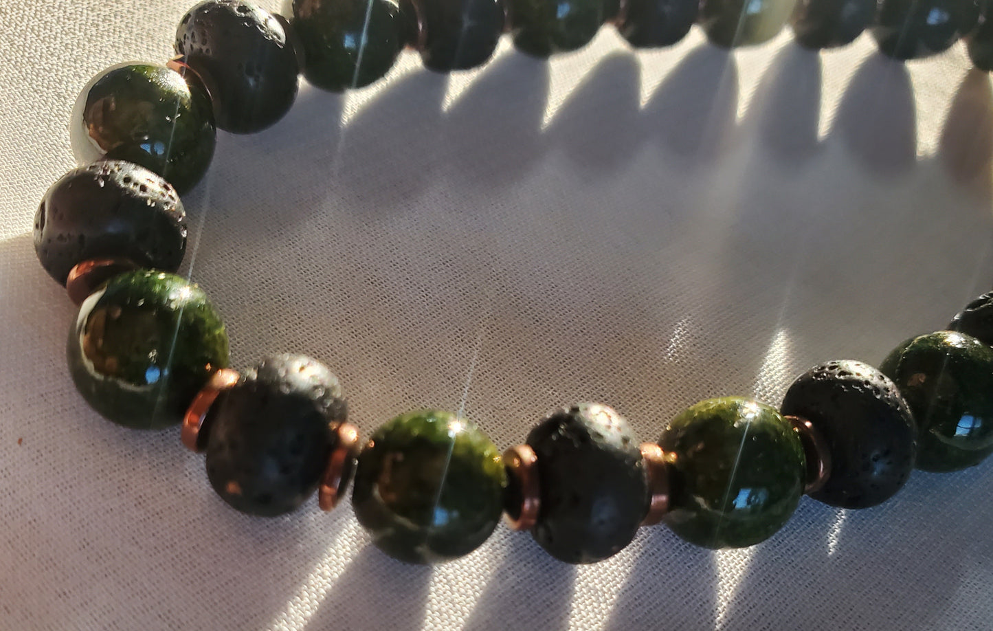 Green Black and Gold Beaded Men's Bracelet - Handmade Semi-Stretch Bracelet with Natural Elements for Grounding and Calming