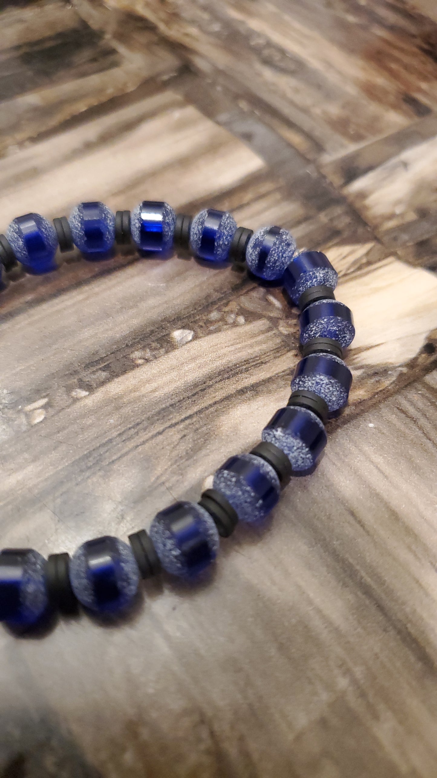 Blue Stripe Round Glass Bead with Black Spacers Bracelet for Men - Handmade Semi-Stretch