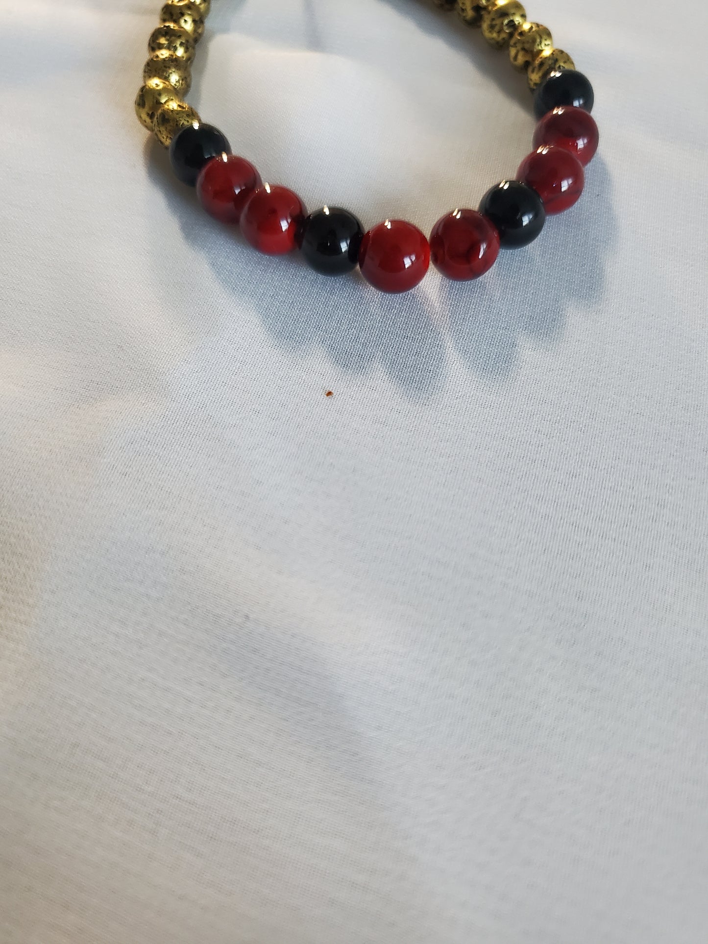 Men's Red Quartz and Black Agate Bracelet with Gold Lava Beads