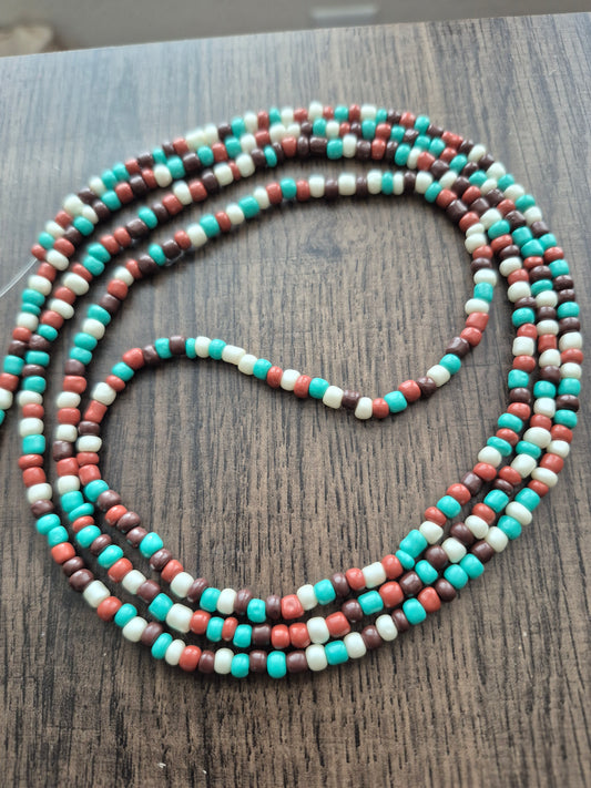 Brown, cream and teal tie on waistbead