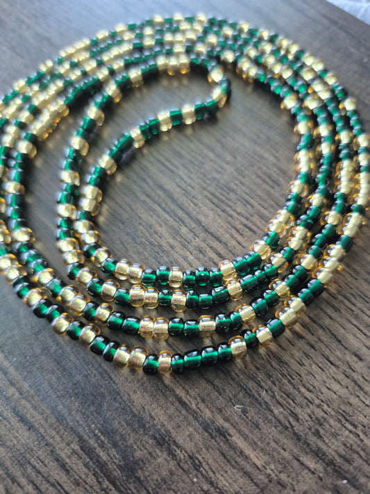 Emerald green and gold tie on waistbead