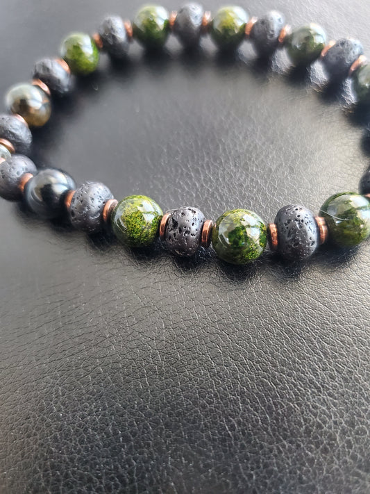 Green Black and Gold Beaded Men's Bracelet - Handmade Semi-Stretch Bracelet with Natural Elements for Grounding and Calming