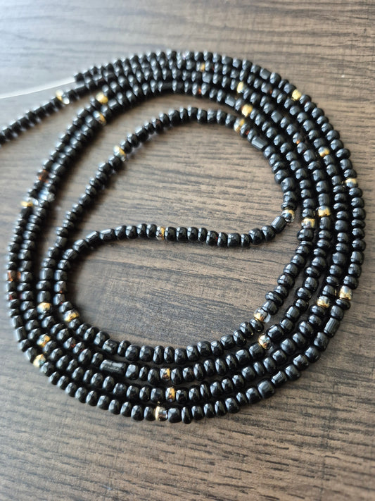 Handcrafted solid black with gold blend Tie Waistbead - Tie On Design