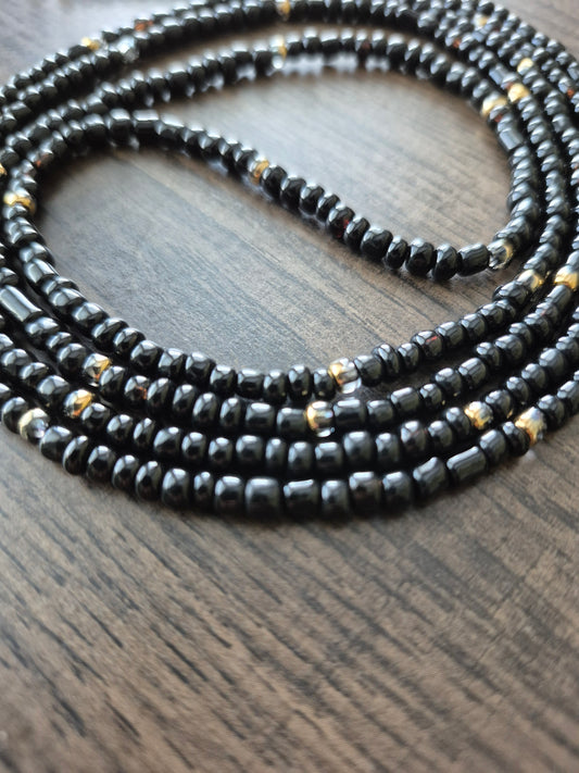 Handcrafted solid black with gold blend Tie Waistbead - Tie On Design