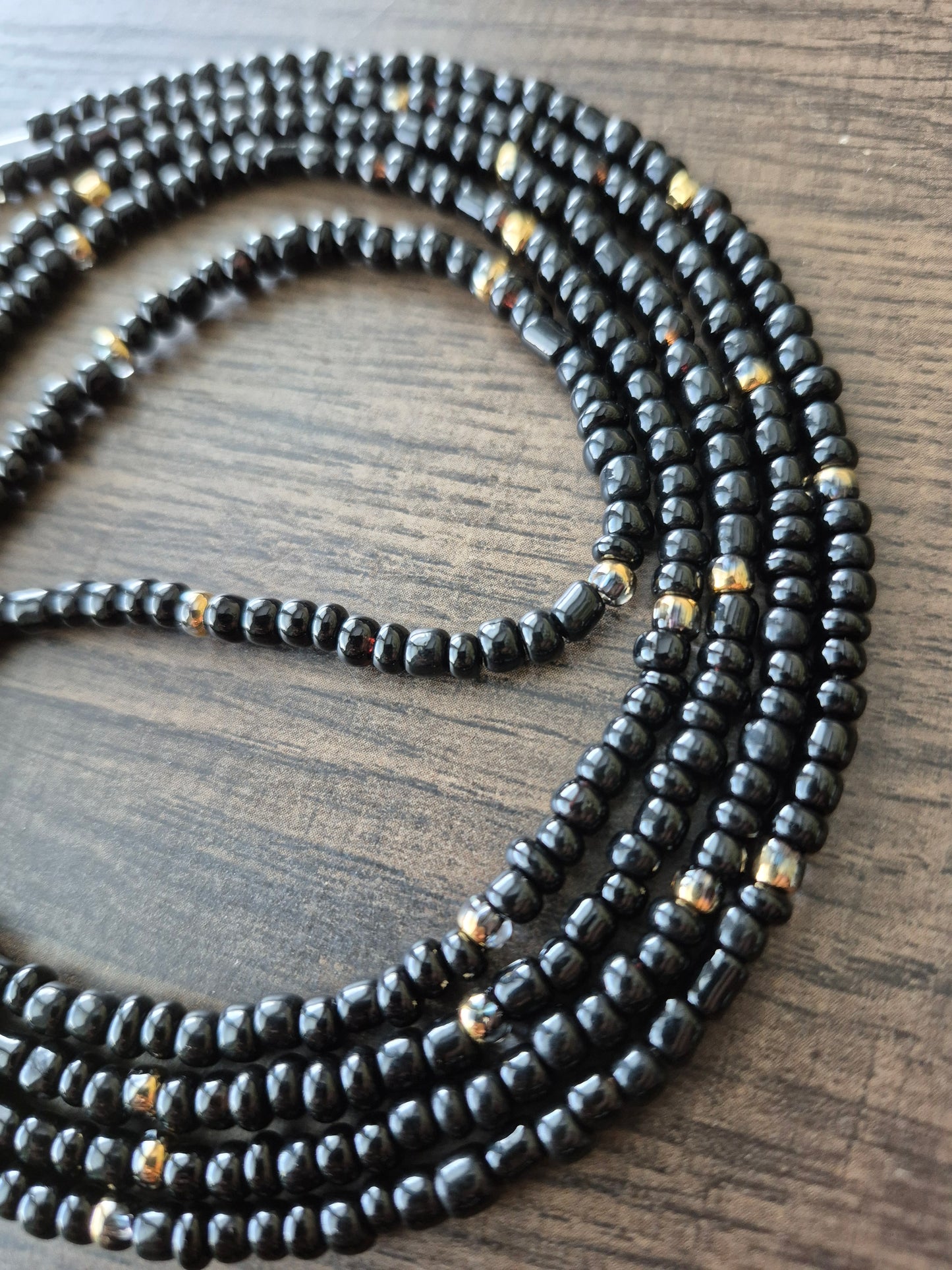 Handcrafted solid black with gold blend Tie Waistbead - Tie On Design