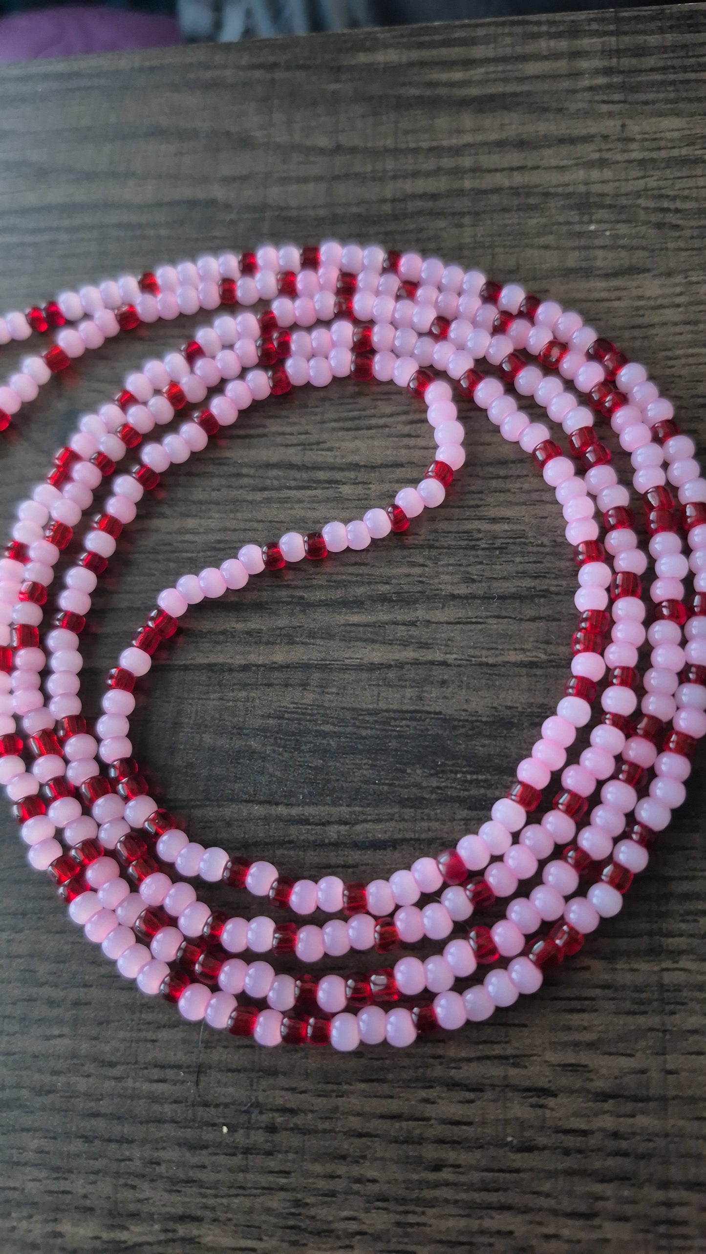 Handcrafted Pink and Red Tie Waistbead - Tie On Design