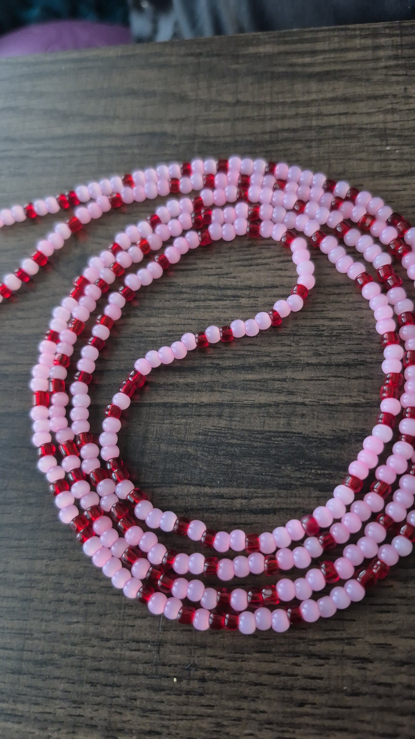 Handcrafted Pink and Red Tie Waistbead - Tie On Design