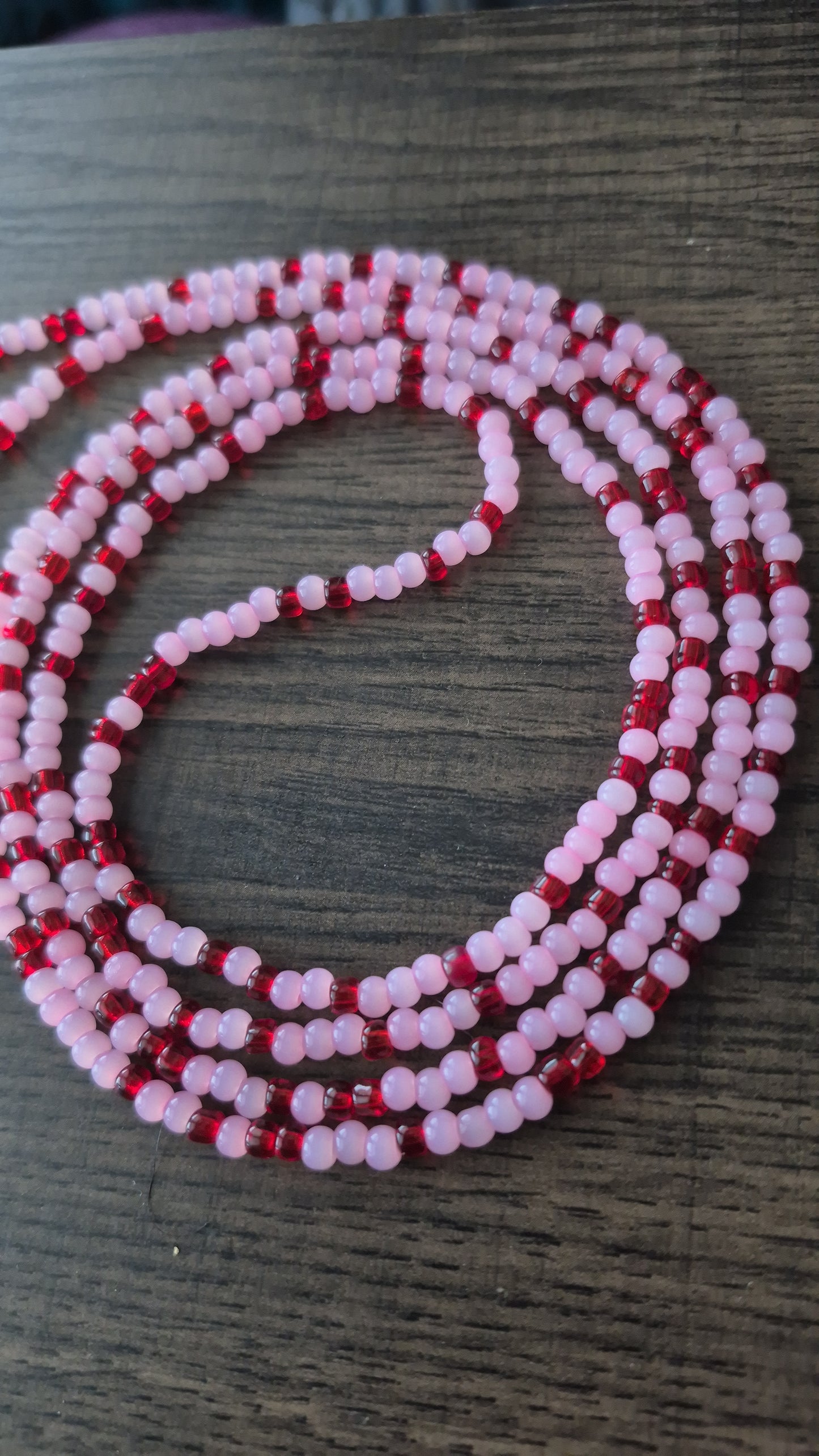 Handcrafted Pink and Red Tie Waistbead - Tie On Design