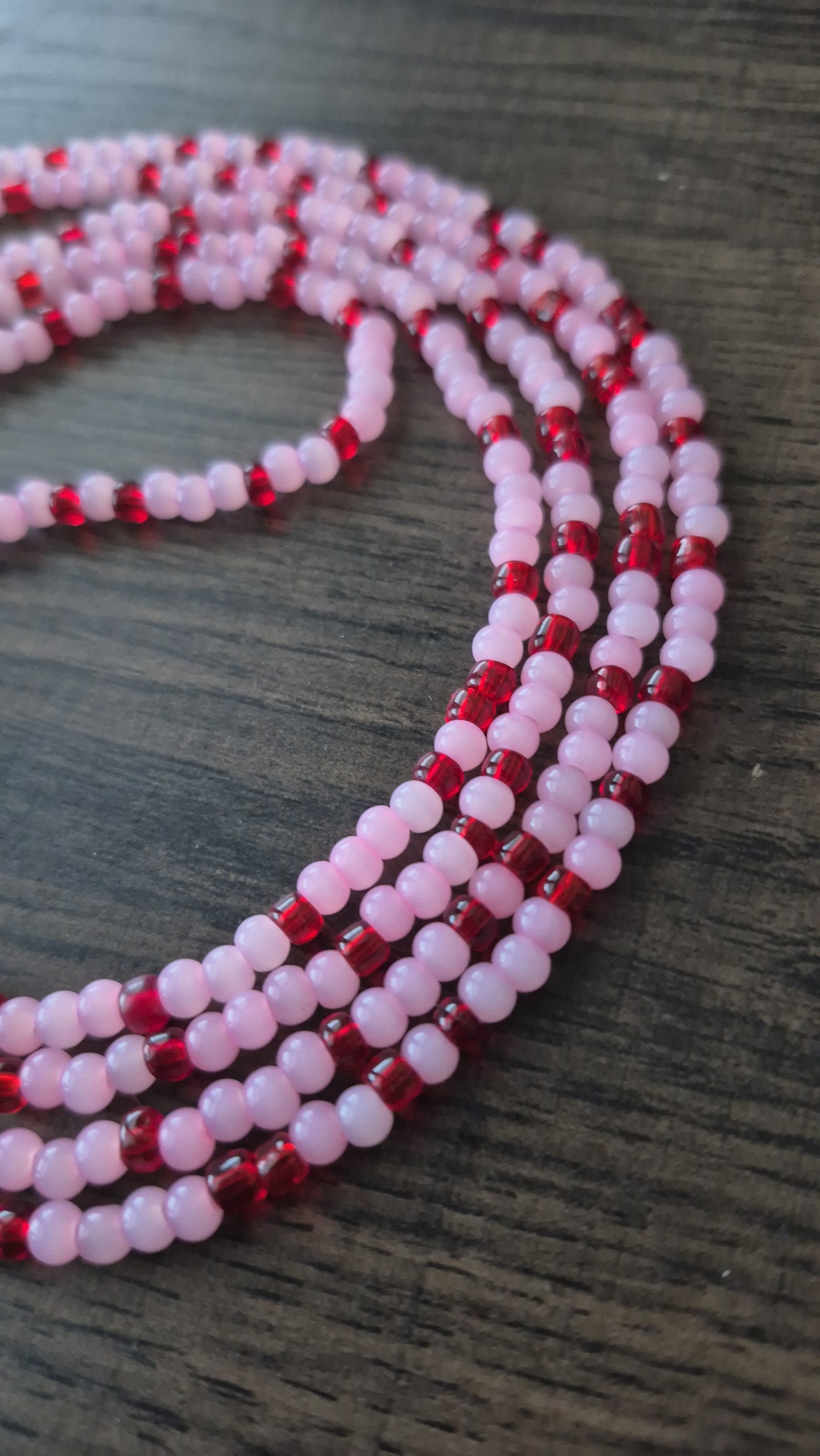 Handcrafted Pink and Red Tie Waistbead - Tie On Design