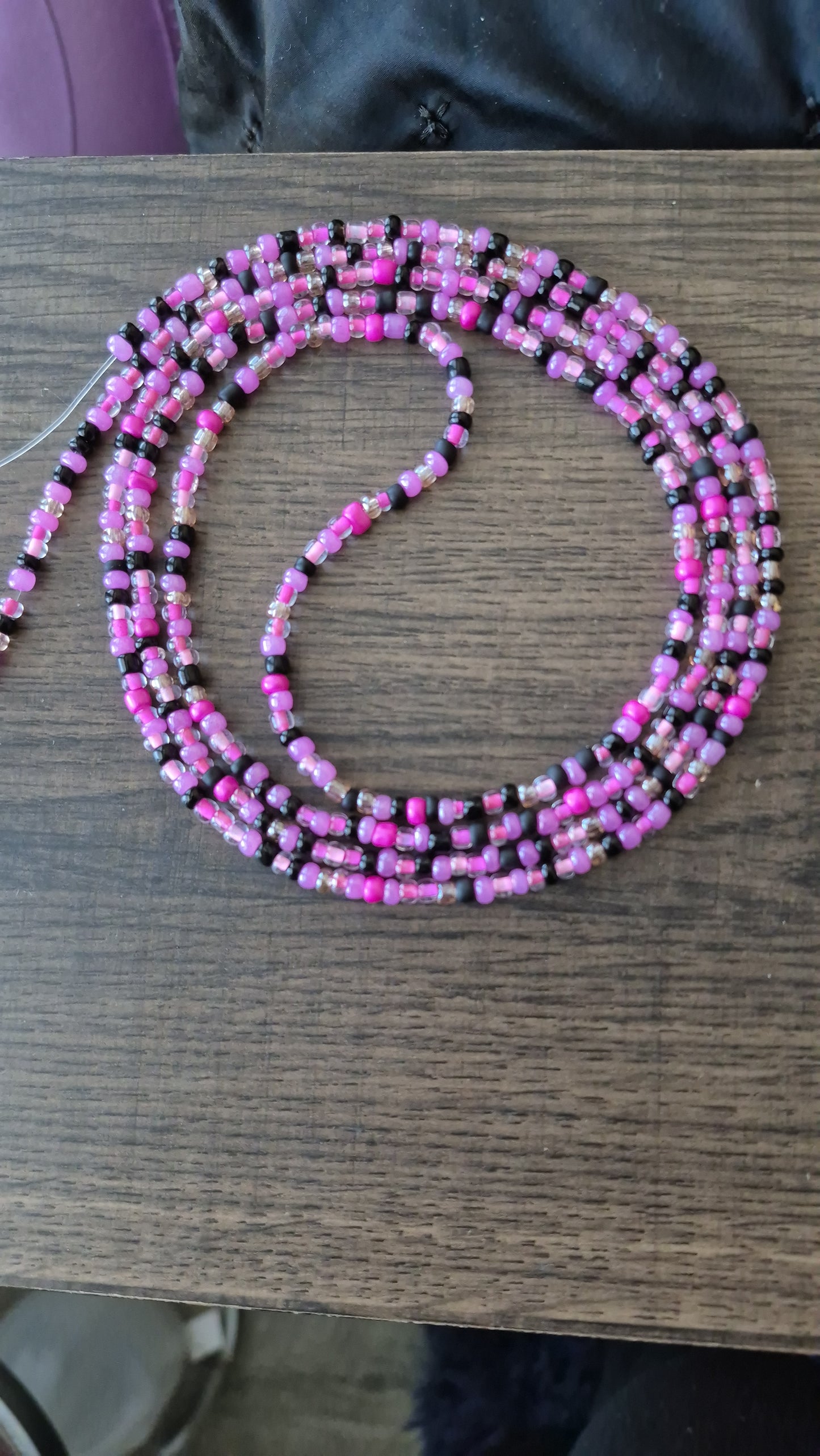 Handcrafted Pinks and black Tie Waistbead - Tie On Design
