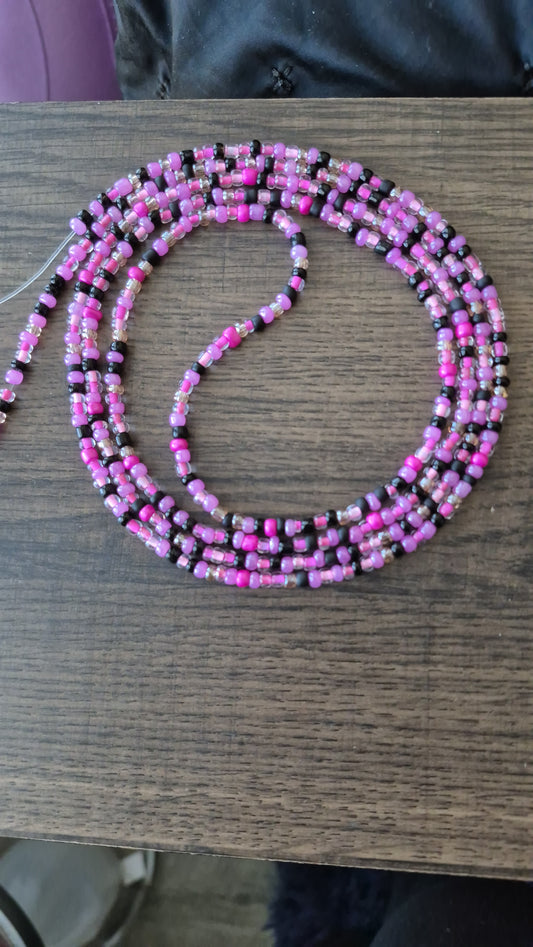 Handcrafted Pinks and black Tie Waistbead - Tie On Design