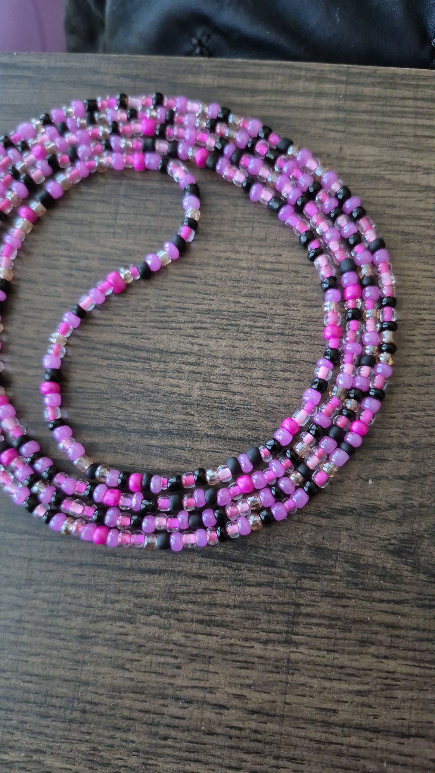 Handcrafted Pinks and black Tie Waistbead - Tie On Design