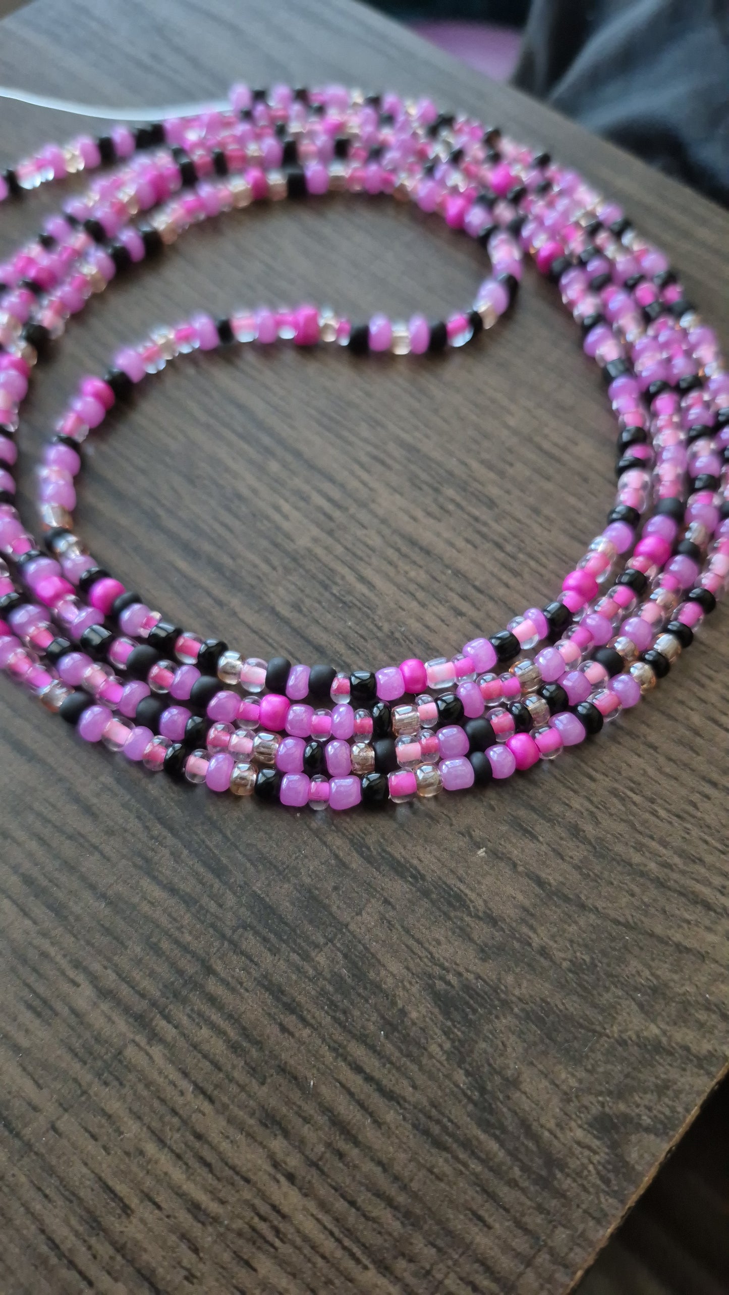 Handcrafted Pinks and black Tie Waistbead - Tie On Design