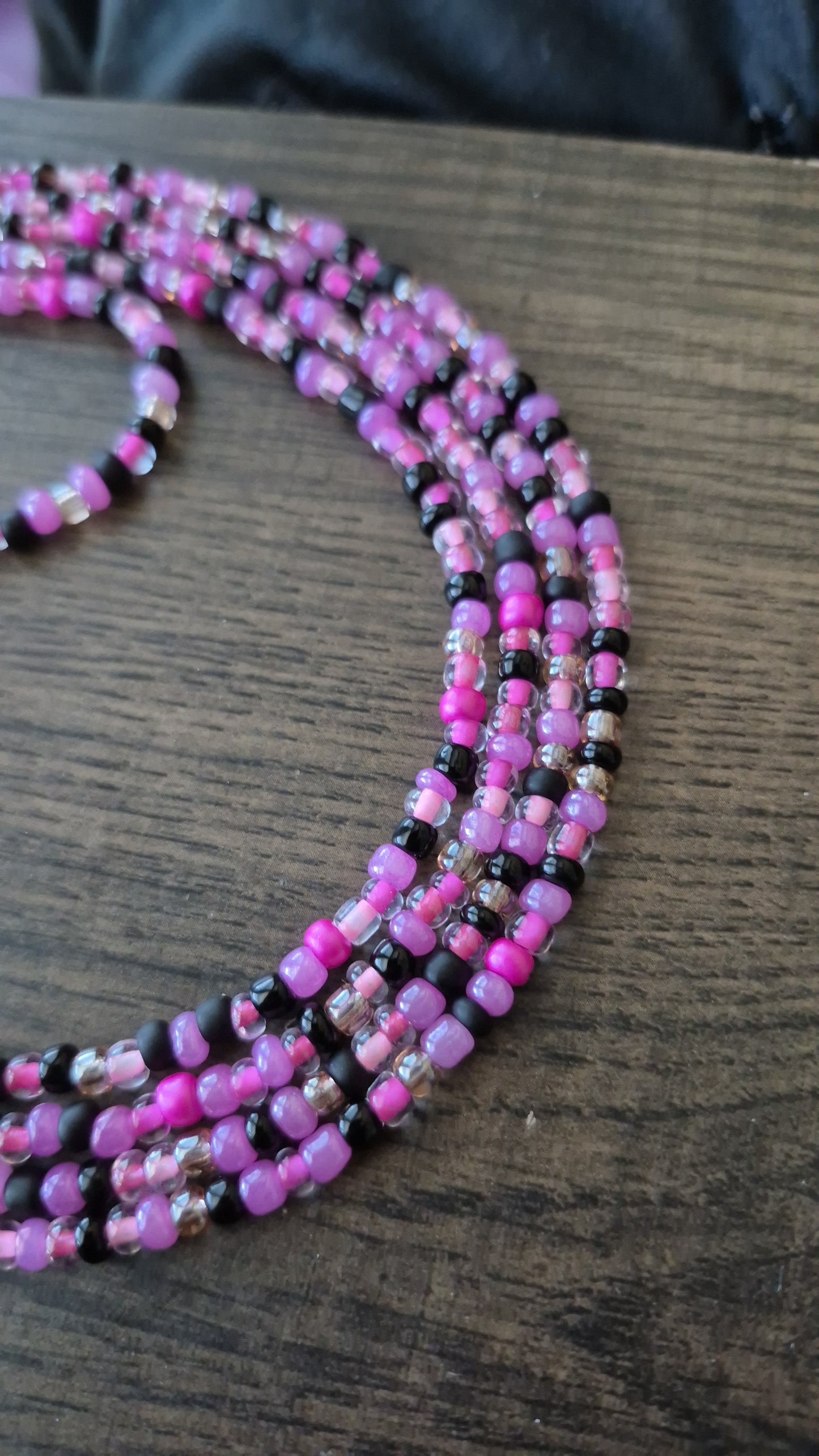 Handcrafted Pinks and black Tie Waistbead - Tie On Design