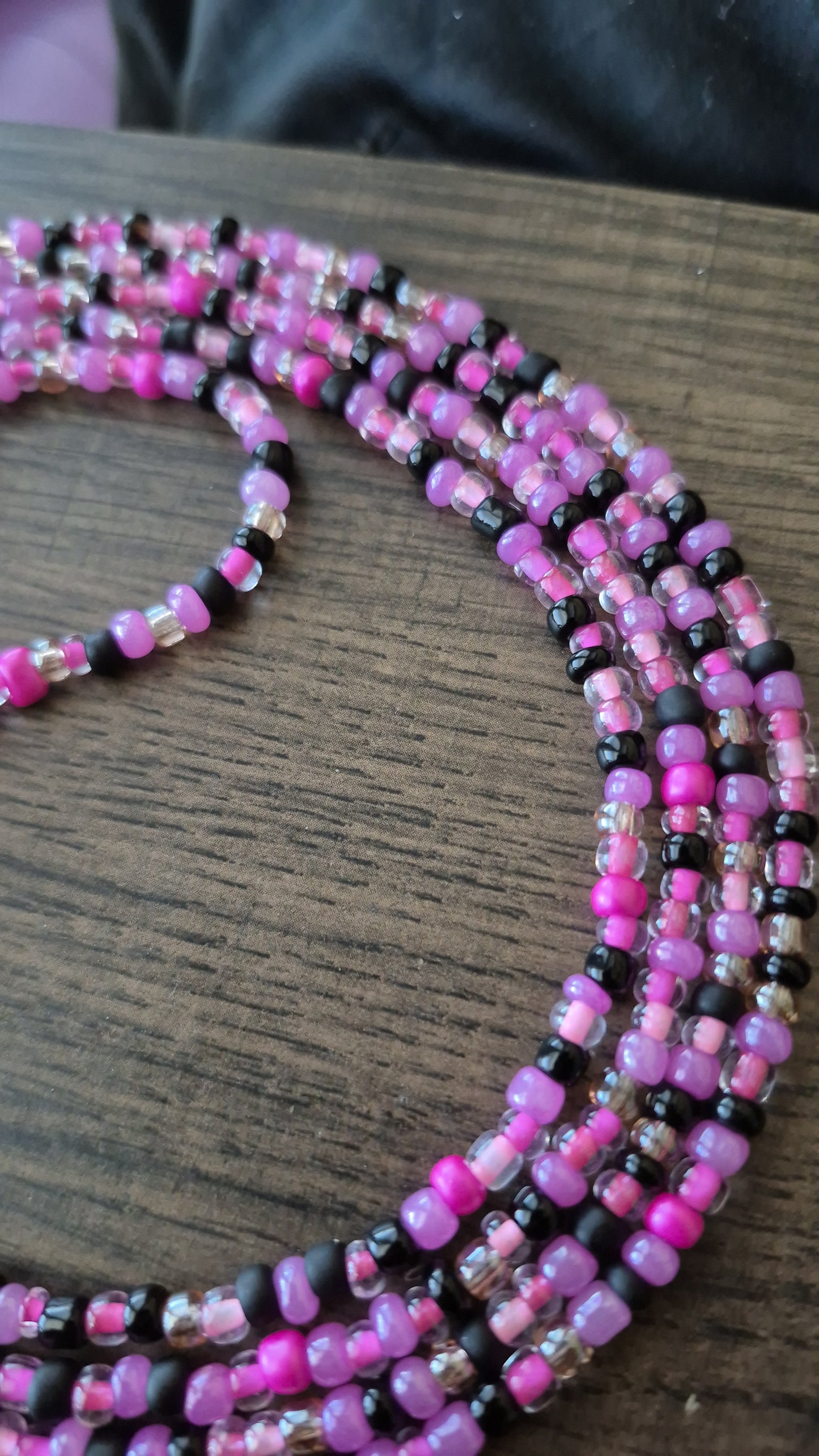 Handcrafted Pinks and black Tie Waistbead - Tie On Design