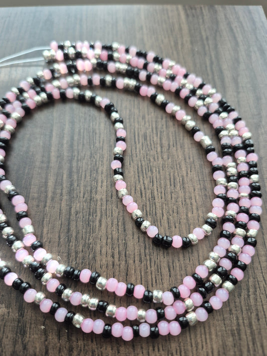 Handcrafted pink, black, and silver blend Tie Waistbead