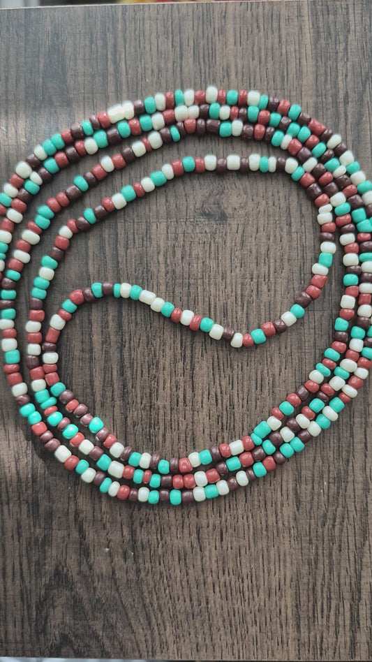 Brown, cream and teal tie on waistbead