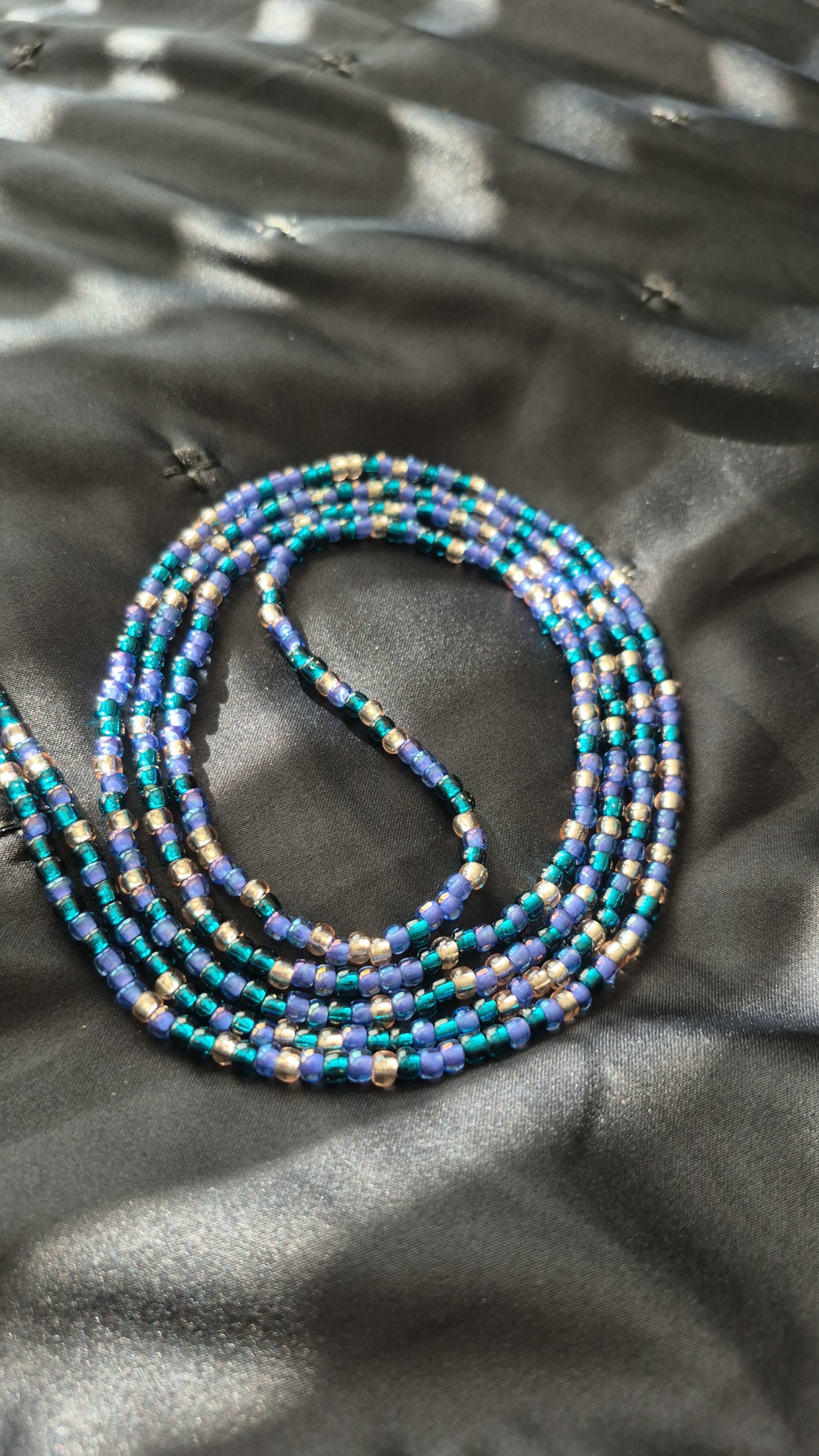 Handcrafted Blue Purple & Light Gold Tie Waistbead - Tie On Design for Easy Wear Secure Fastening Unique