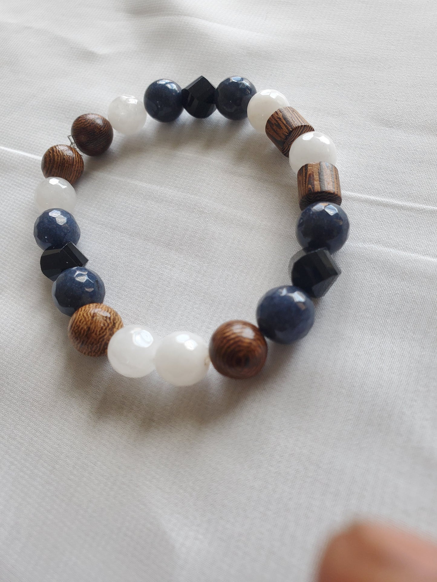 Multi-color Men's Beaded Bracelet with Brown Wood, Blue and Black Beads and White Quartz blue beads