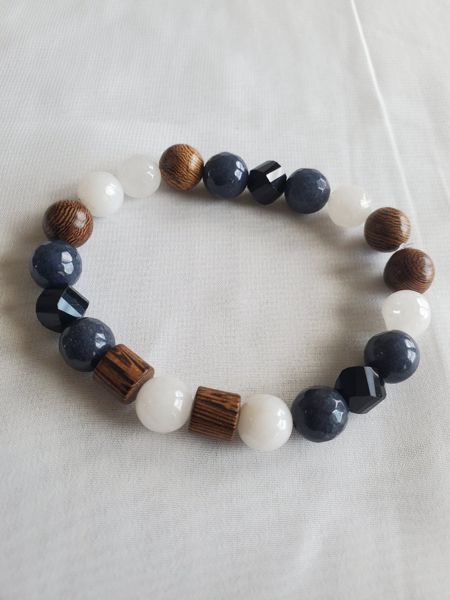 Multi-color Men's Beaded Bracelet with Brown Wood, Blue and Black Beads and White Quartz blue beads