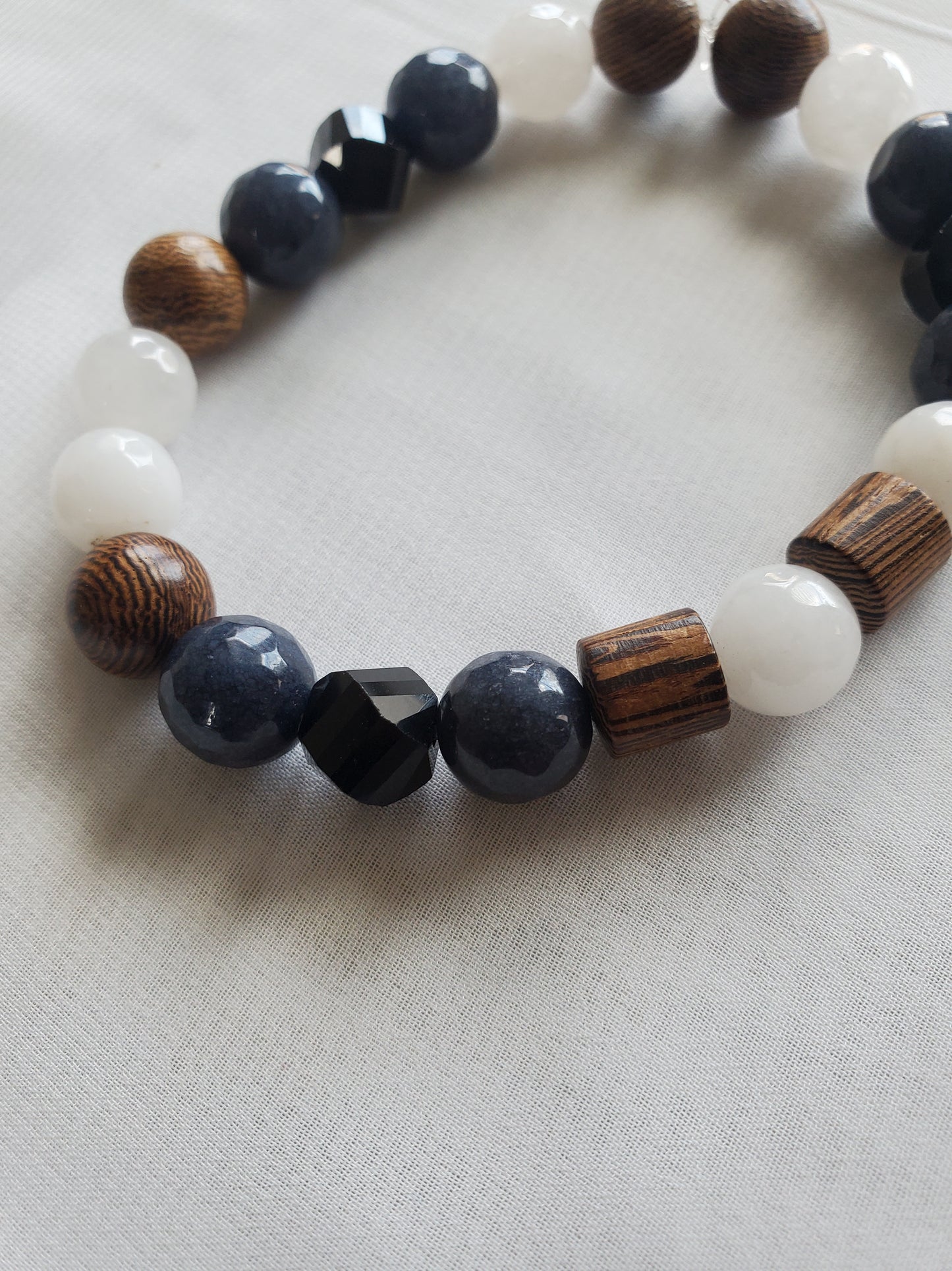 Multi-color Men's Beaded Bracelet with Brown Wood, Blue and Black Beads and White Quartz blue beads