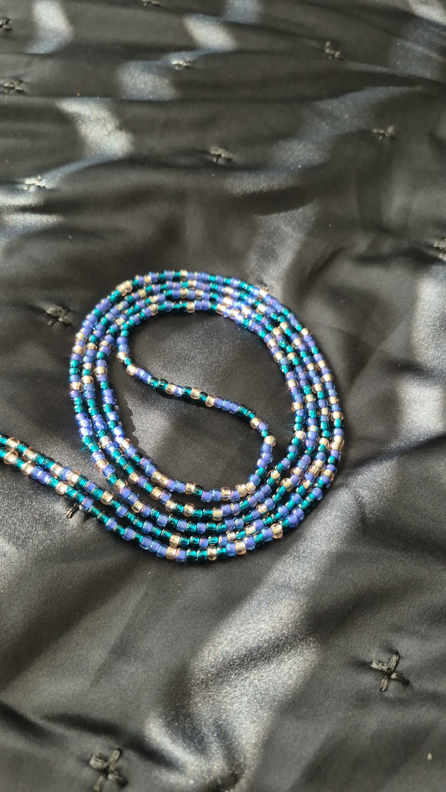 Handcrafted Blue Purple & Light Gold Tie Waistbead - Tie On Design for Easy Wear Secure Fastening Unique
