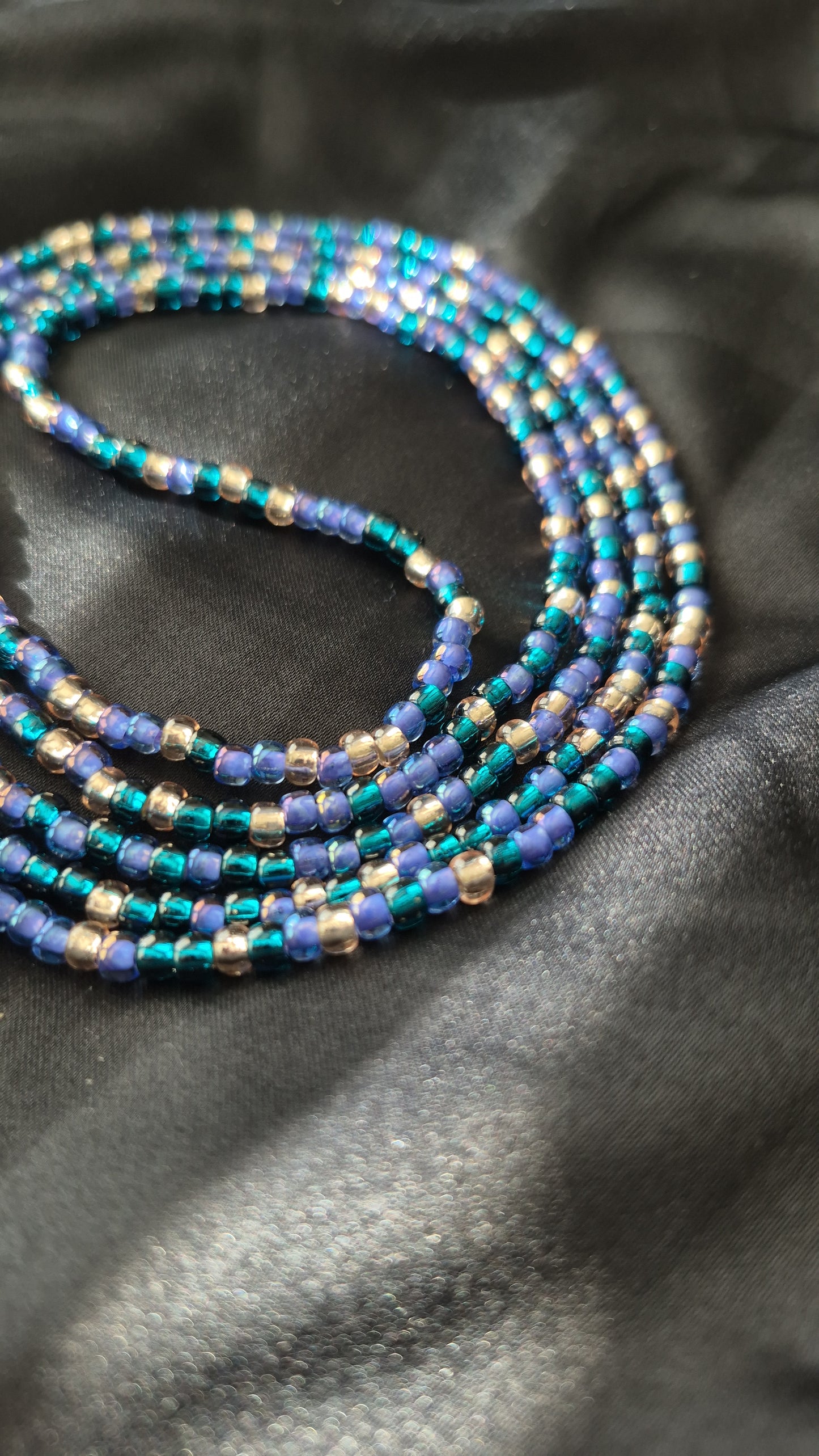 Handcrafted Blue Purple & Light Gold Tie Waistbead - Tie On Design for Easy Wear Secure Fastening Unique