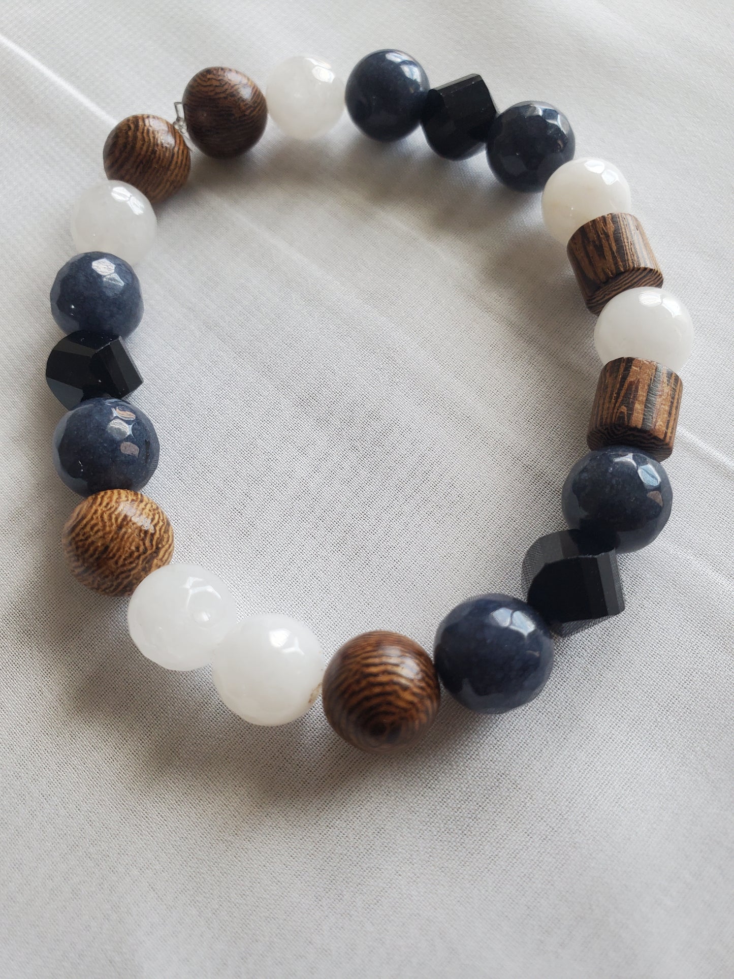 Multi-color Men's Beaded Bracelet with Brown Wood, Blue and Black Beads and White Quartz blue beads