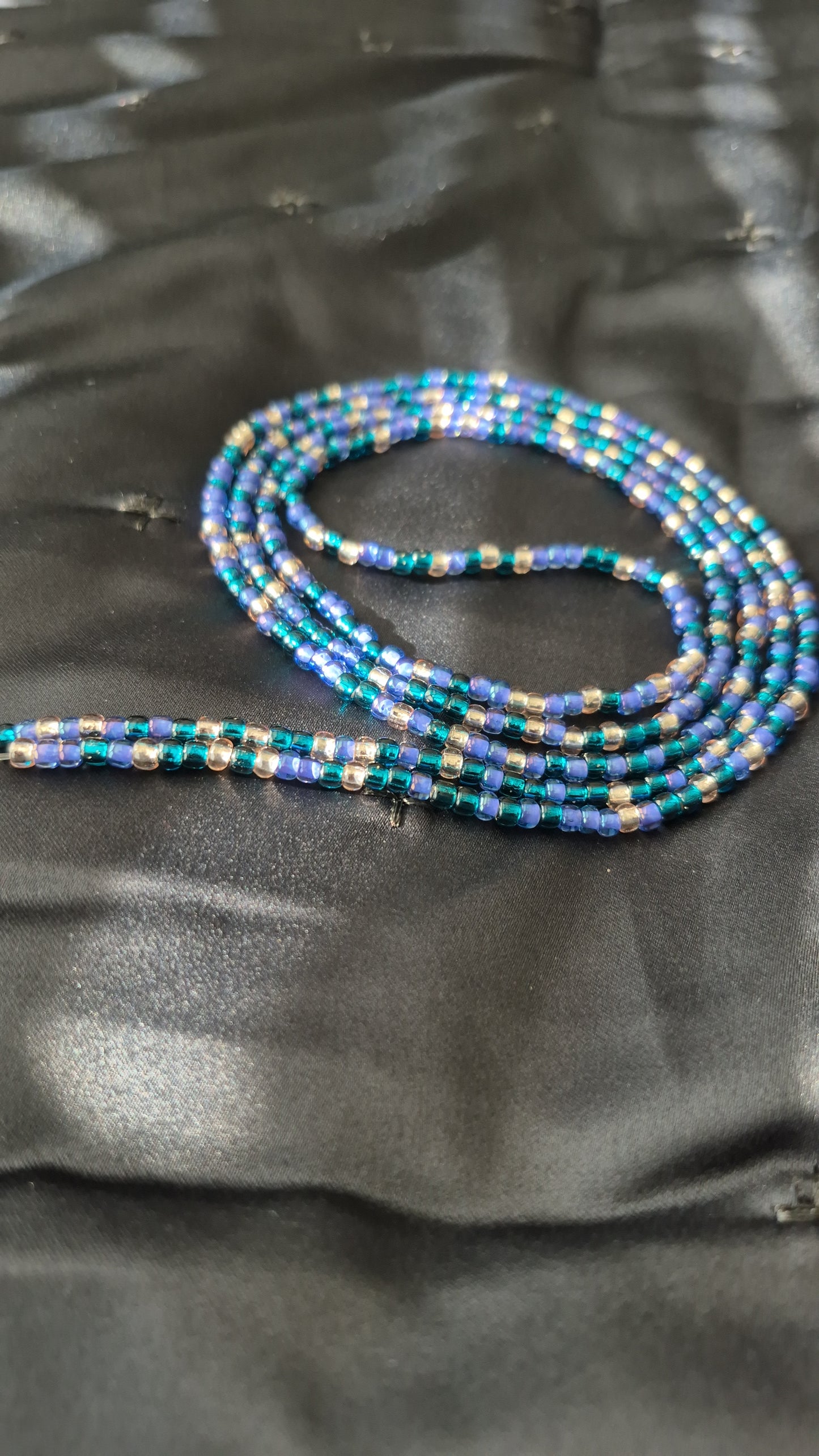 Handcrafted Blue Purple & Light Gold Tie Waistbead - Tie On Design for Easy Wear Secure Fastening Unique