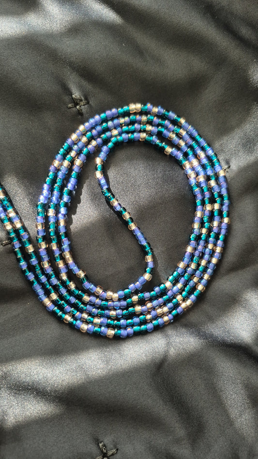 Handcrafted Blue Purple & Light Gold Tie Waistbead - Tie On Design for Easy Wear Secure Fastening Unique