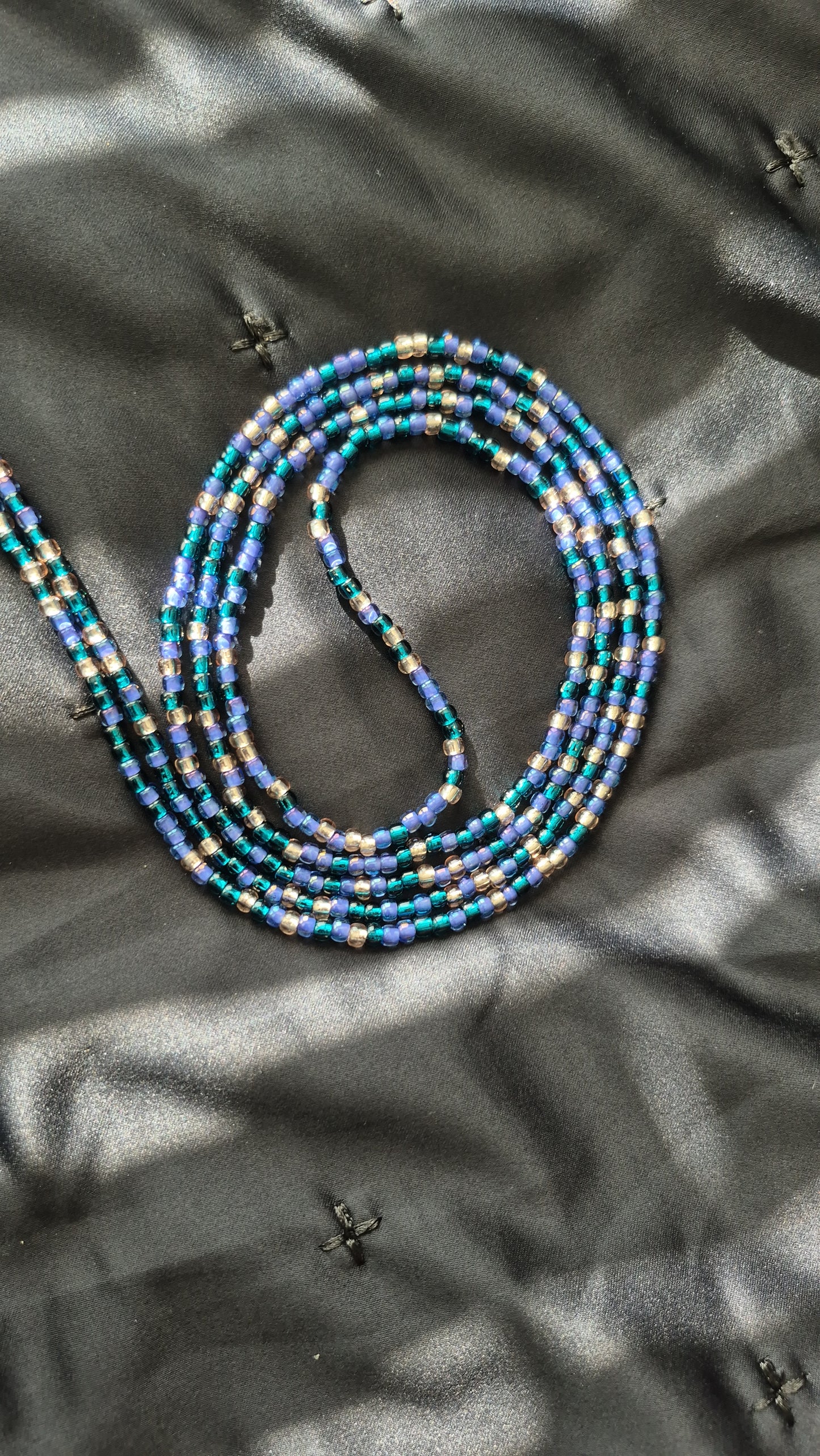 Handcrafted Blue Purple & Light Gold Tie Waistbead - Tie On Design for Easy Wear Secure Fastening Unique