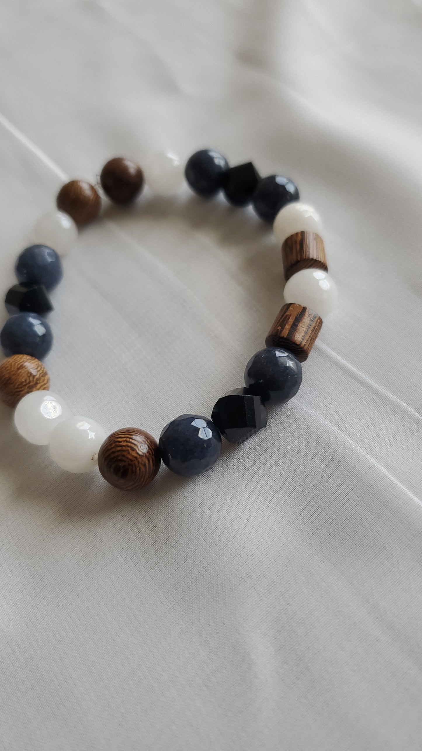 Multi-color Men's Beaded Bracelet with Brown Wood, Blue and Black Beads and White Quartz blue beads