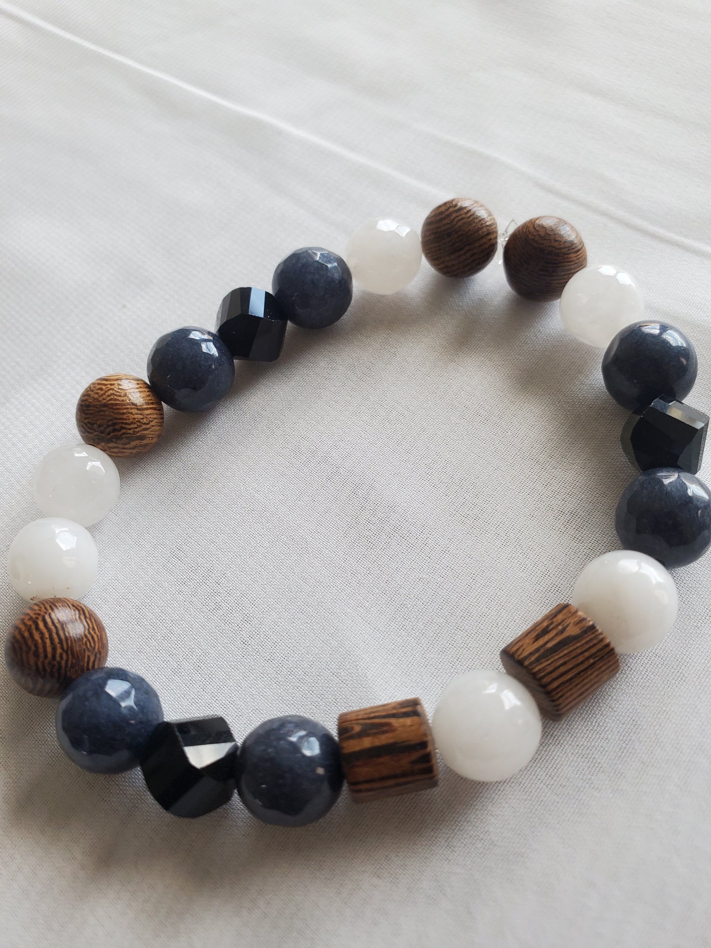 Multi-color Men's Beaded Bracelet with Brown Wood, Blue and Black Beads and White Quartz blue beads