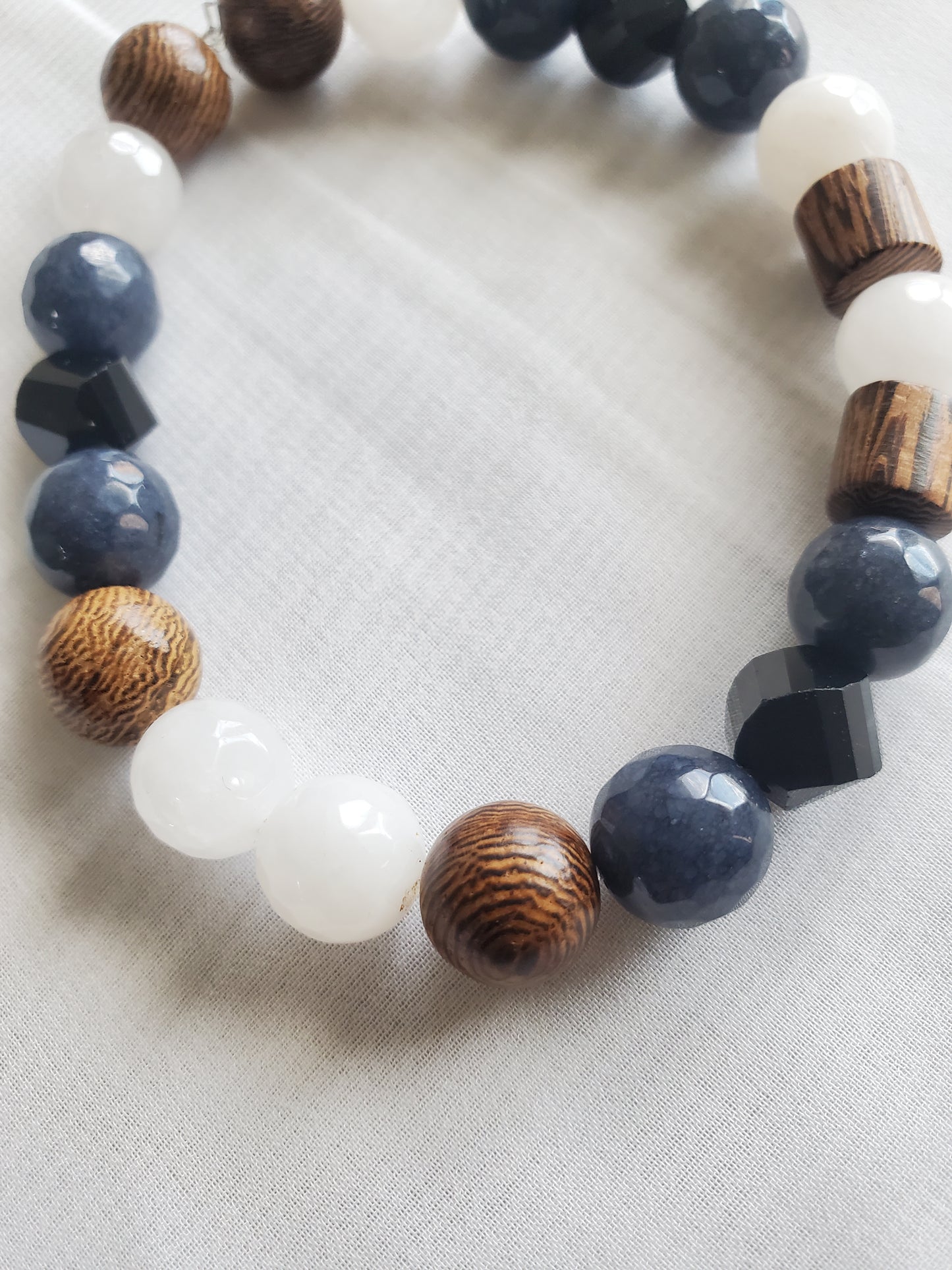 Multi-color Men's Beaded Bracelet with Brown Wood, Blue and Black Beads and White Quartz blue beads